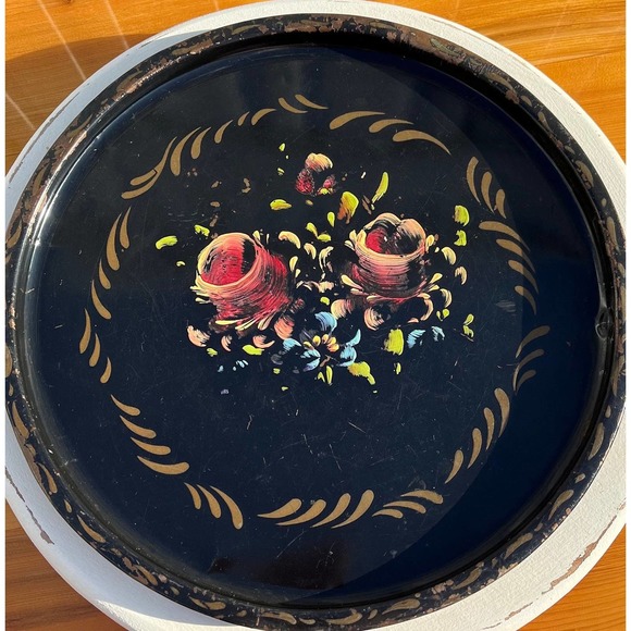 Round Black Gold Floral Hand-Painted Toleware Tray Serving Platter Wall Art - Picture 3 of 10